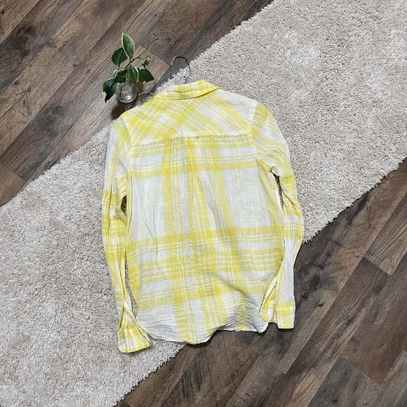 Lucky Brand Size Small Yellow White Plaid Button Down Linen Blend Top - Picture 5 of 5